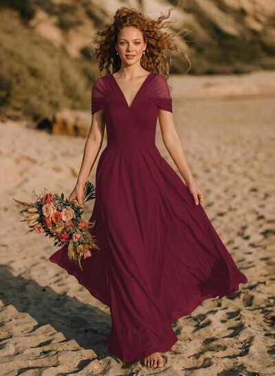 Elegant A-Line V-Neck Sleeveless Floor-Length Chiffon Bridesmaid Dresses