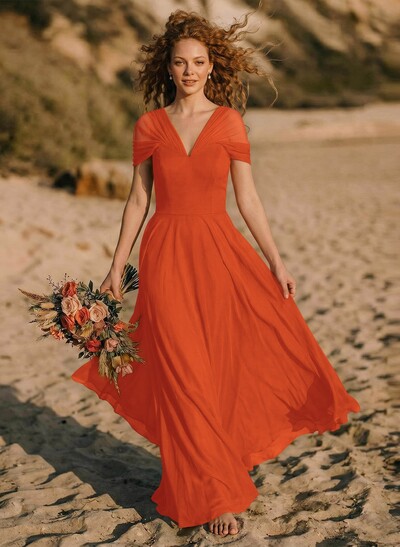 Elegant A-Line V-Neck Sleeveless Floor-Length Chiffon Bridesmaid Dresses