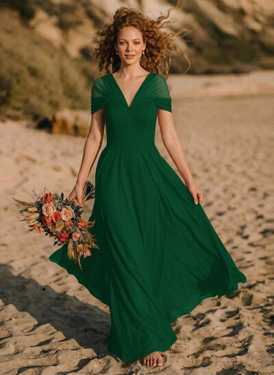 Elegant A-Line V-Neck Sleeveless Floor-Length Chiffon Bridesmaid Dresses