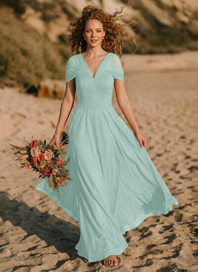 Elegant A-Line V-Neck Sleeveless Floor-Length Chiffon Bridesmaid Dresses