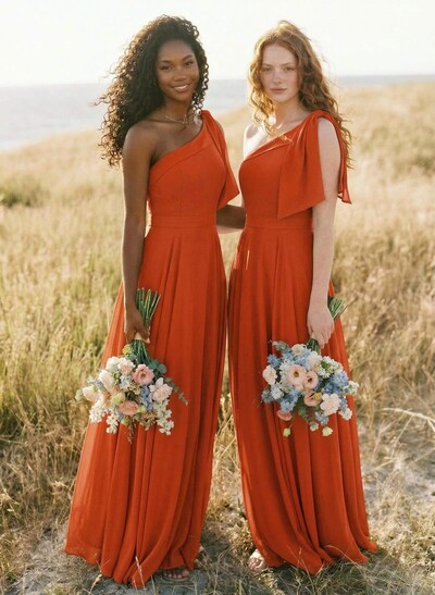 A-Line One-Shoulder Sleeveless Floor-Length Chiffon Bridesmaid Dresses With Bow(s)/Pockets