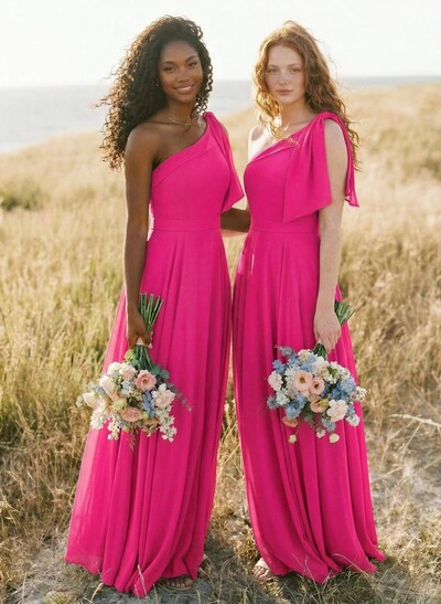 A-Line One-Shoulder Sleeveless Floor-Length Chiffon Bridesmaid Dresses With Bow(s)/Pockets