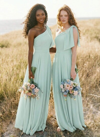 A-Line One-Shoulder Sleeveless Floor-Length Chiffon Bridesmaid Dresses With Bow(s)/Pockets
