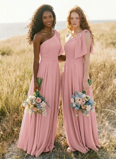 A-Line One-Shoulder Sleeveless Floor-Length Chiffon Bridesmaid Dresses With Bow(s)/Pockets