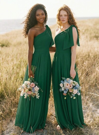 A-Line One-Shoulder Sleeveless Floor-Length Chiffon Bridesmaid Dresses With Bow(s)/Pockets