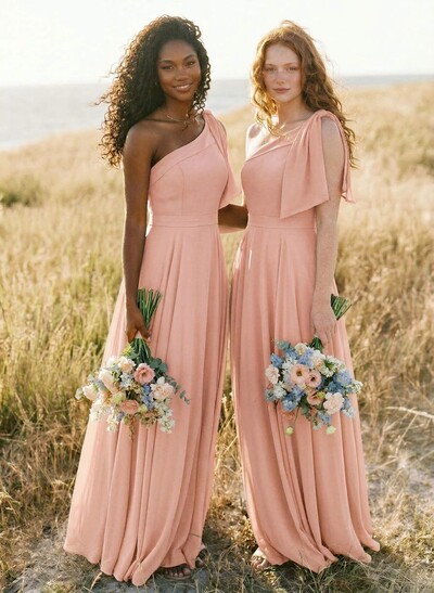 A-Line One-Shoulder Sleeveless Floor-Length Chiffon Bridesmaid Dresses With Bow(s)/Pockets