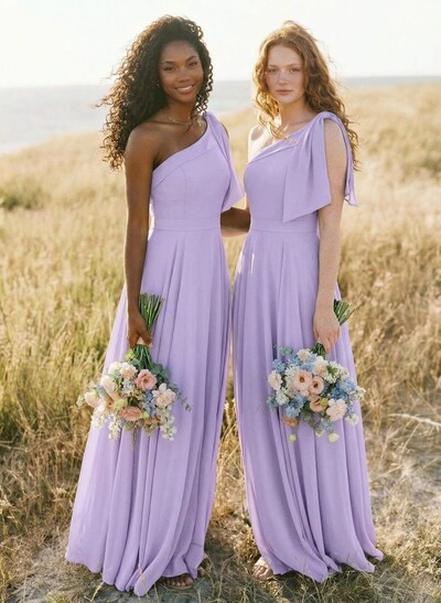 A-Line One-Shoulder Sleeveless Floor-Length Chiffon Bridesmaid Dresses With Bow(s)/Pockets