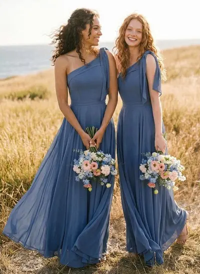 A-Line One-Shoulder Sleeveless Floor-Length Chiffon Bridesmaid Dresses With Bow(s)/Pockets
