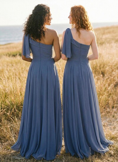 A-Line One-Shoulder Sleeveless Floor-Length Chiffon Bridesmaid Dresses With Bow(s)/Pockets