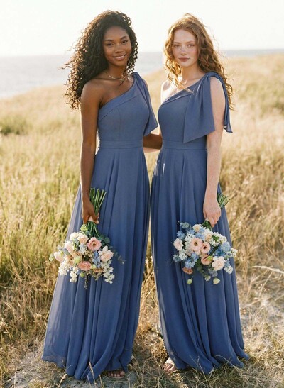 A-Line One-Shoulder Sleeveless Floor-Length Chiffon Bridesmaid Dresses With Bow(s)/Pockets