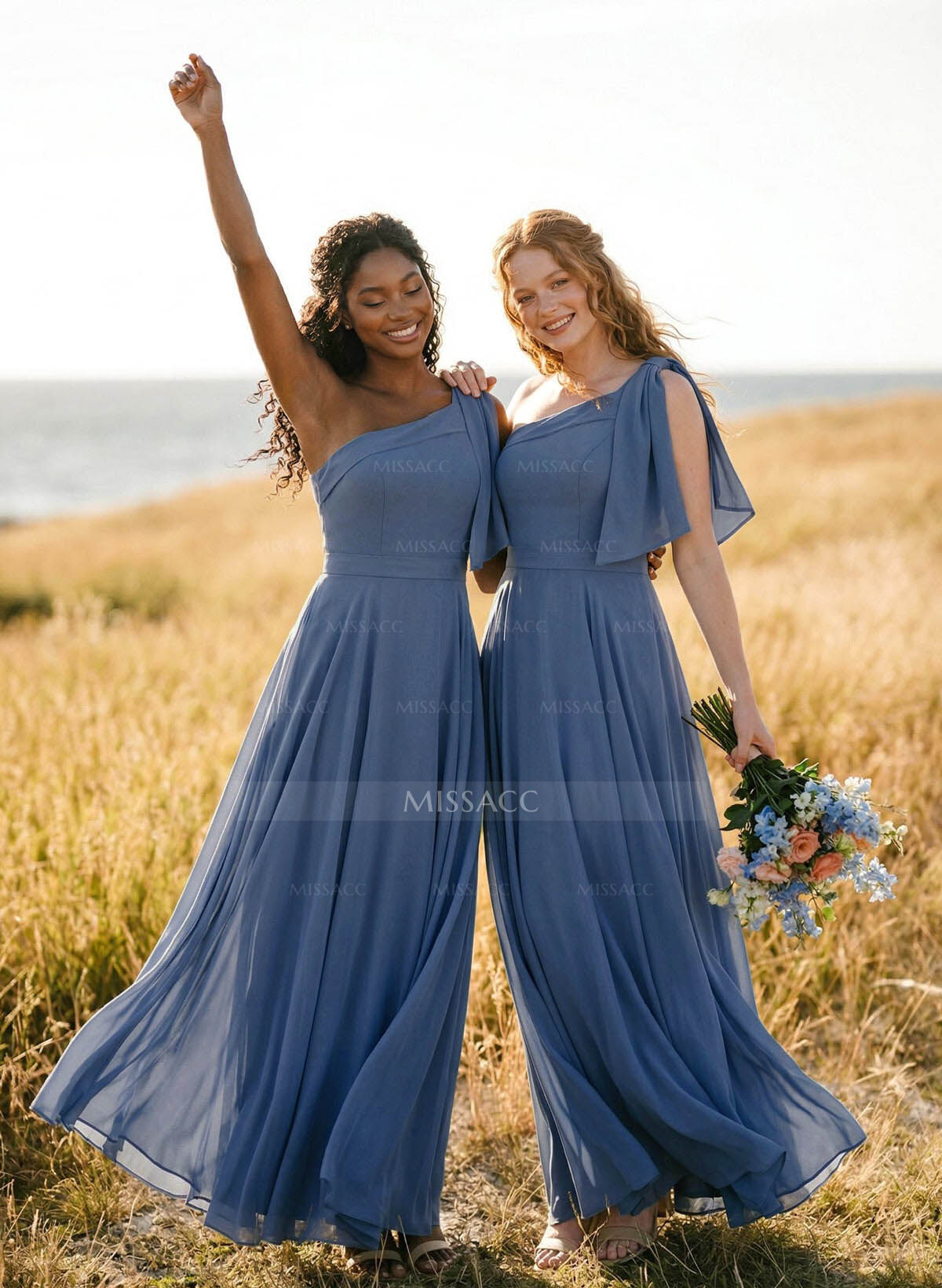 A-Line One-Shoulder Sleeveless Floor-Length Chiffon Bridesmaid Dresses With Bow(s)/Pockets
