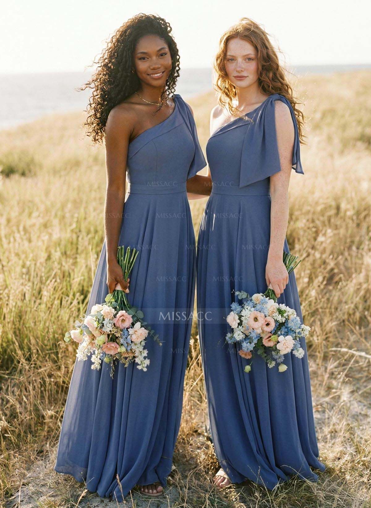A-Line One-Shoulder Sleeveless Floor-Length Chiffon Bridesmaid Dresses With Bow(s)/Pockets