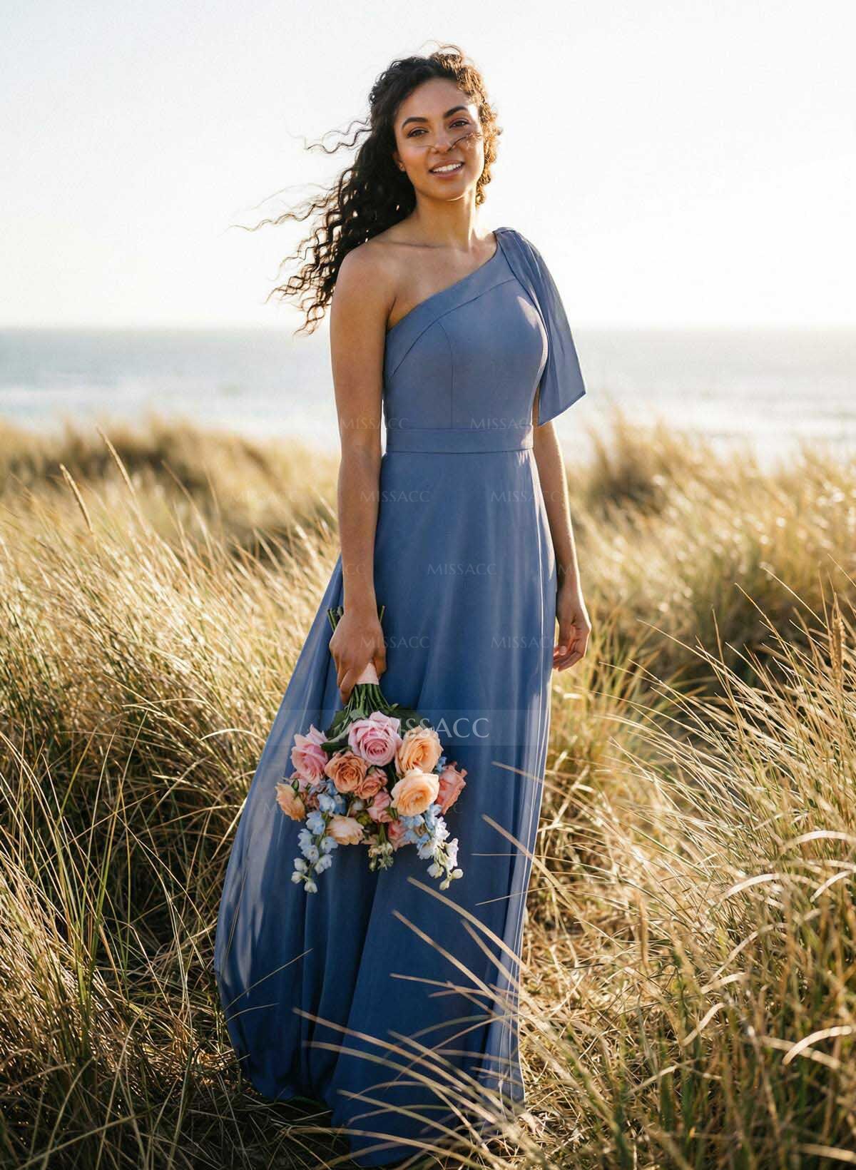 A-Line One-Shoulder Sleeveless Floor-Length Chiffon Bridesmaid Dresses With Bow(s)/Pockets