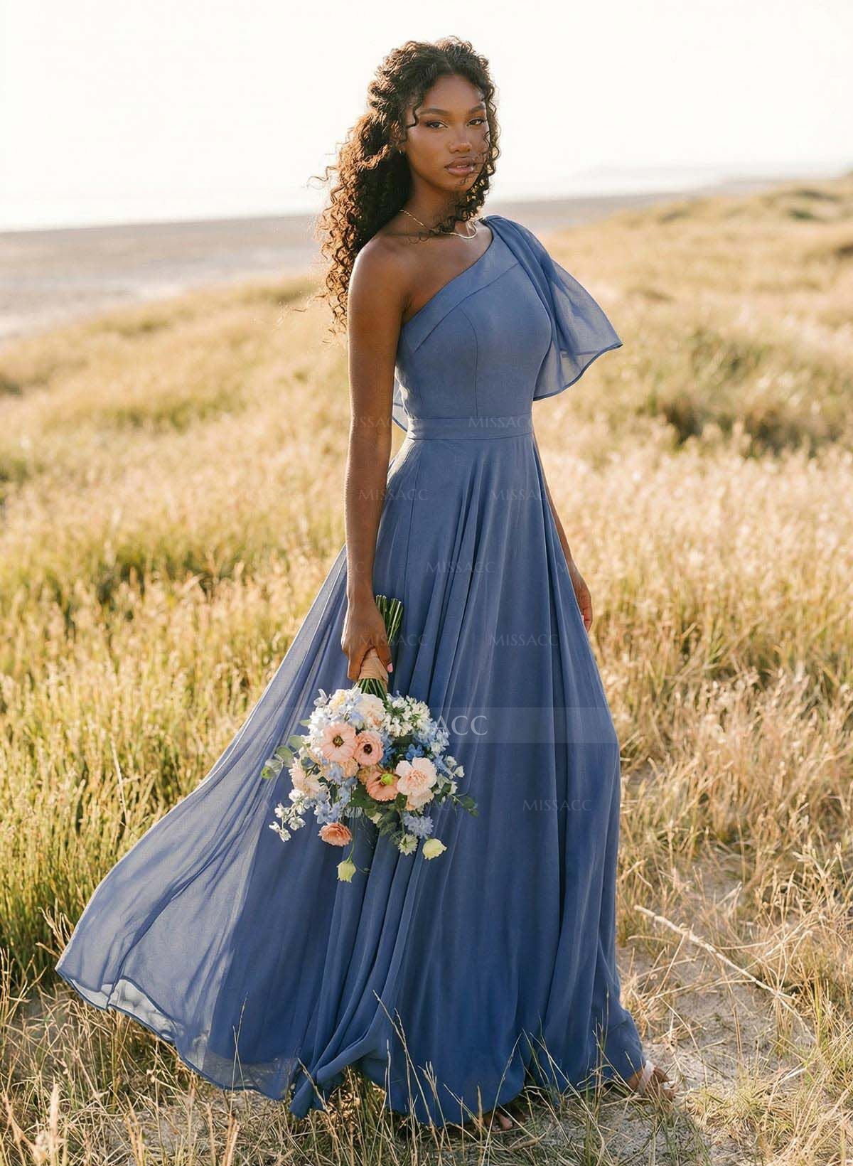 A-Line One-Shoulder Sleeveless Floor-Length Chiffon Bridesmaid Dresses With Bow(s)/Pockets