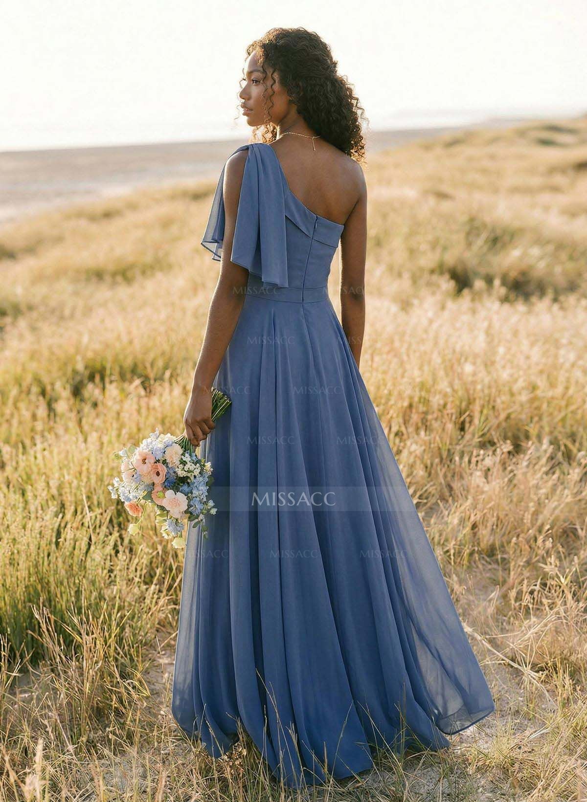 A-Line One-Shoulder Sleeveless Floor-Length Chiffon Bridesmaid Dresses With Bow(s)/Pockets