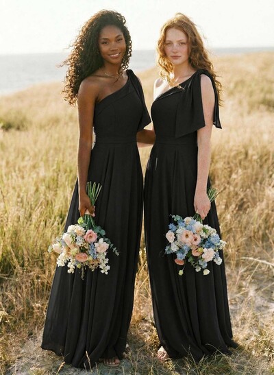 A-Line One-Shoulder Sleeveless Floor-Length Chiffon Bridesmaid Dresses With Bow(s)/Pockets