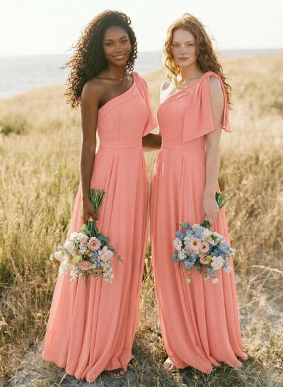 A-Line One-Shoulder Sleeveless Floor-Length Chiffon Bridesmaid Dresses With Bow(s)/Pockets
