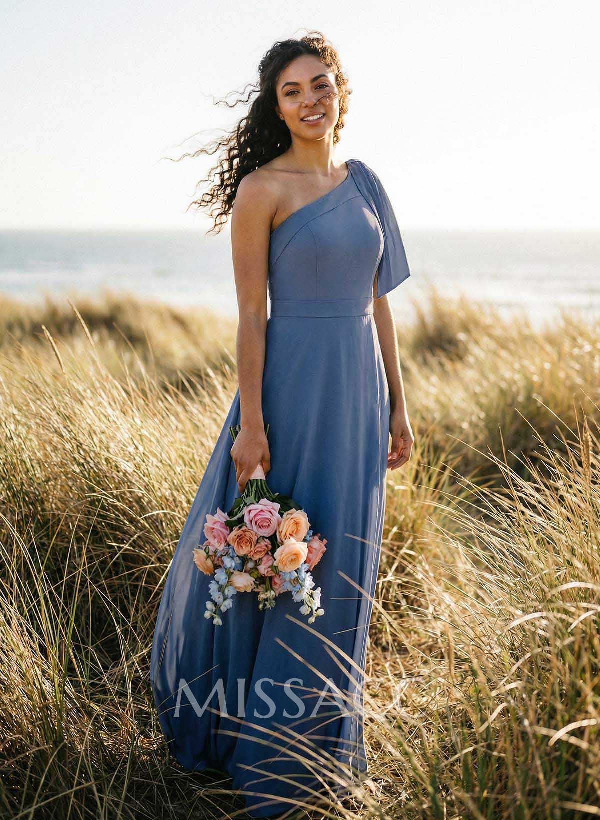 A-Line One-Shoulder Sleeveless Floor-Length Chiffon Bridesmaid Dresses With Bow(s)/Pockets A-Line One-Shoulder Sleeveless Floor-Length Chiffon Bridesmaid Dresses With Bow(s)/Pockets