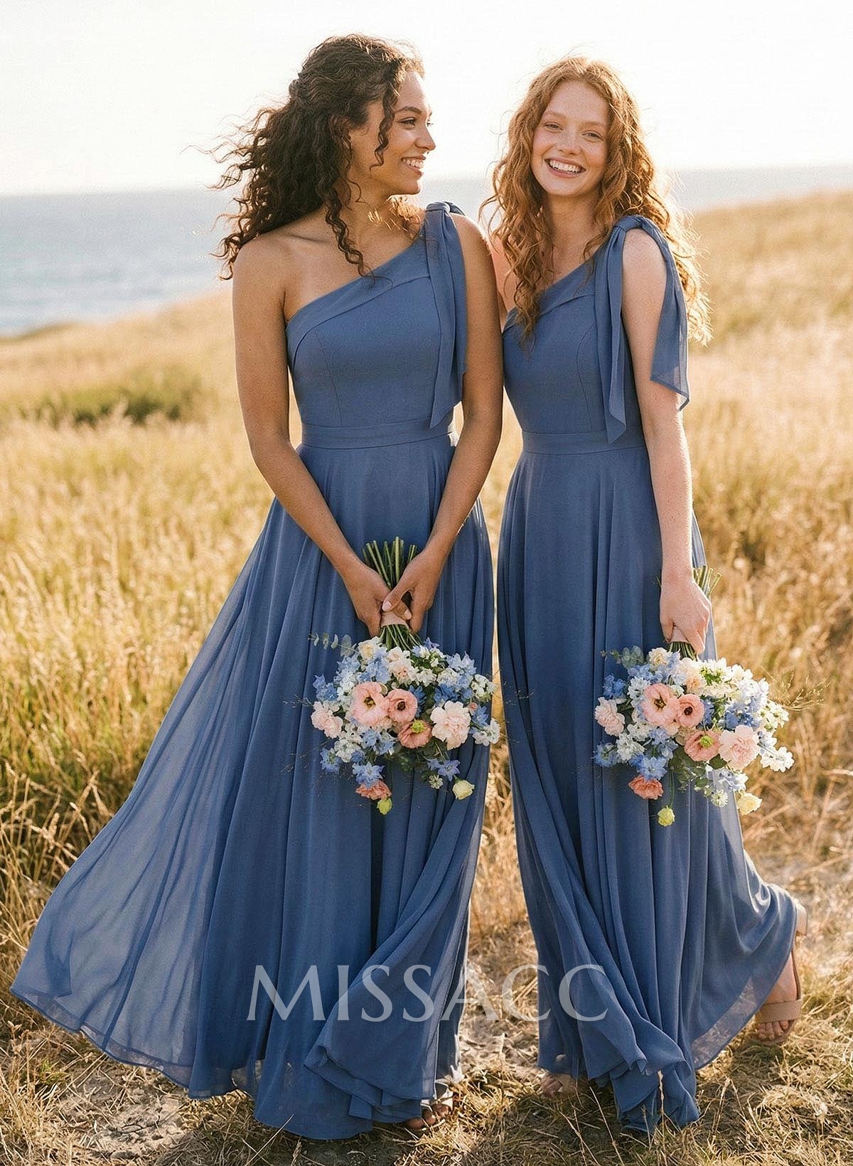 A-Line One-Shoulder Sleeveless Floor-Length Chiffon Bridesmaid Dresses With Bow(s)/Pockets A-Line One-Shoulder Sleeveless Floor-Length Chiffon Bridesmaid Dresses With Bow(s)/Pockets