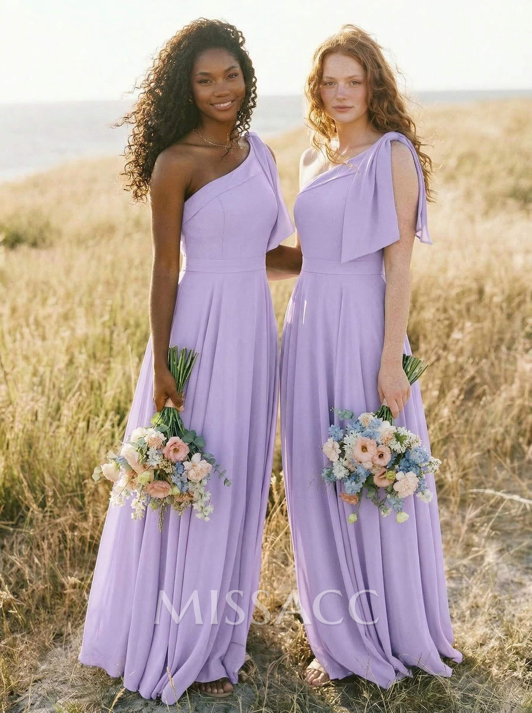 A-Line One-Shoulder Sleeveless Floor-Length Chiffon Bridesmaid Dresses With Bow(s)/Pockets A-Line One-Shoulder Sleeveless Floor-Length Chiffon Bridesmaid Dresses With Bow(s)/Pockets