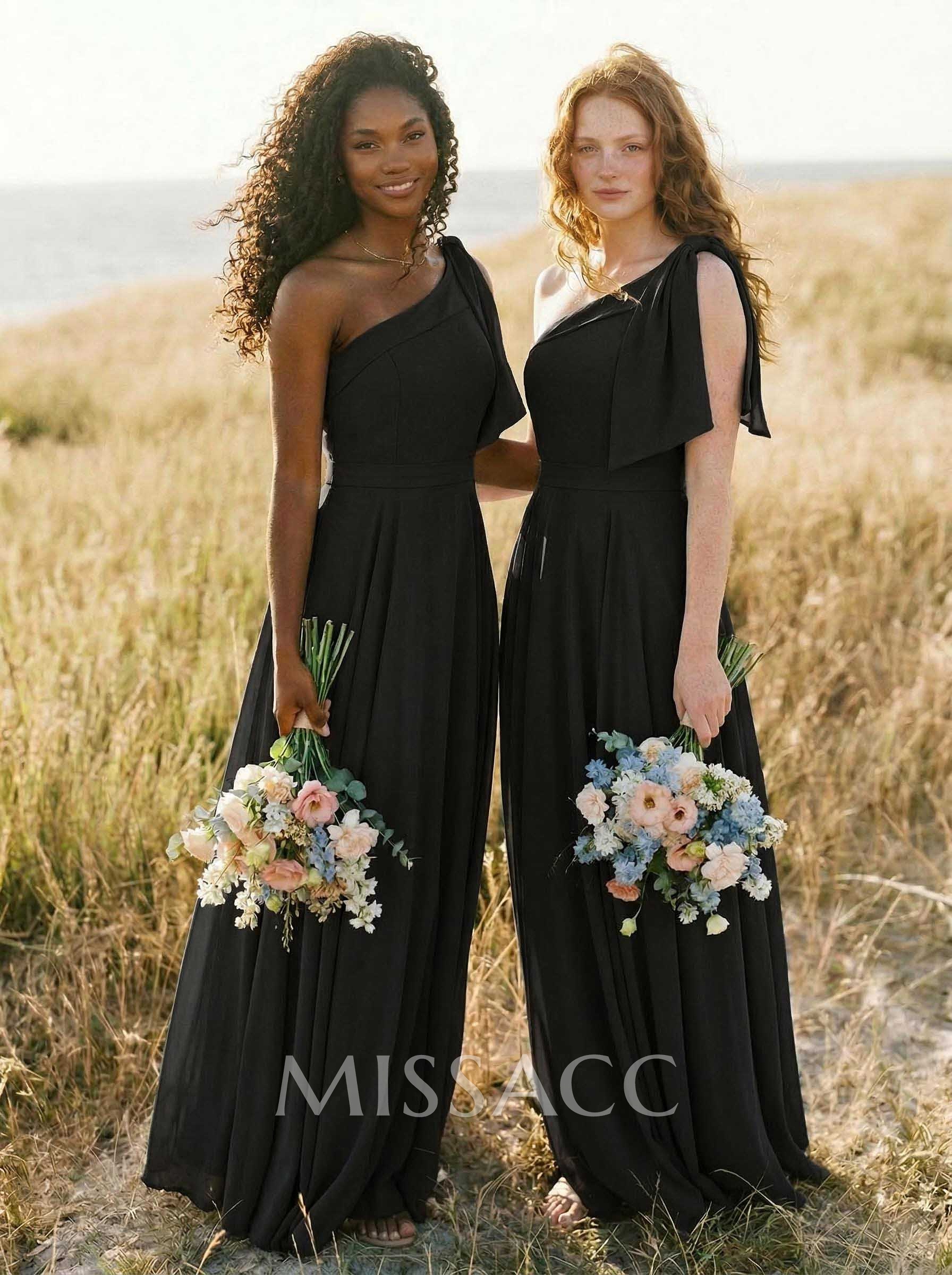 A-Line One-Shoulder Sleeveless Floor-Length Chiffon Bridesmaid Dresses With Bow(s)/Pockets