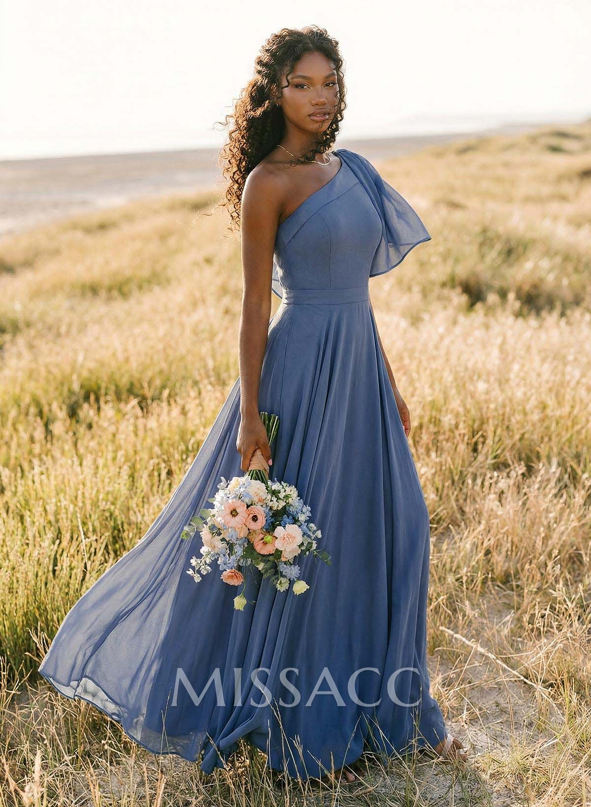 A-Line One-Shoulder Sleeveless Floor-Length Chiffon Bridesmaid Dresses With Bow(s)/Pockets A-Line One-Shoulder Sleeveless Floor-Length Chiffon Bridesmaid Dresses With Bow(s)/Pockets