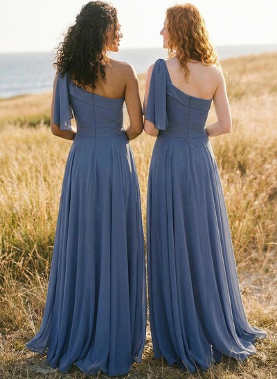 A-Line One-Shoulder Sleeveless Floor-Length Chiffon Bridesmaid Dresses With Bow(s)/Pockets
