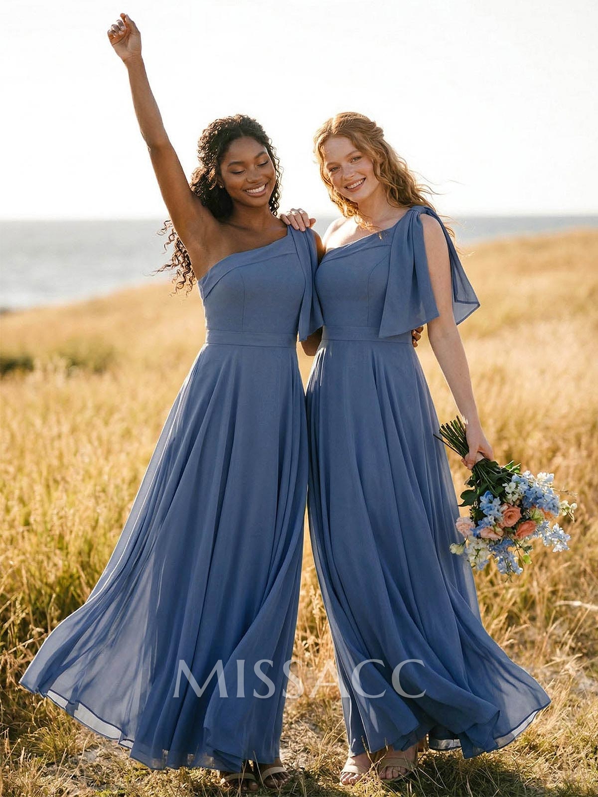 A-Line One-Shoulder Sleeveless Floor-Length Chiffon Bridesmaid Dresses With Bow(s)/Pockets