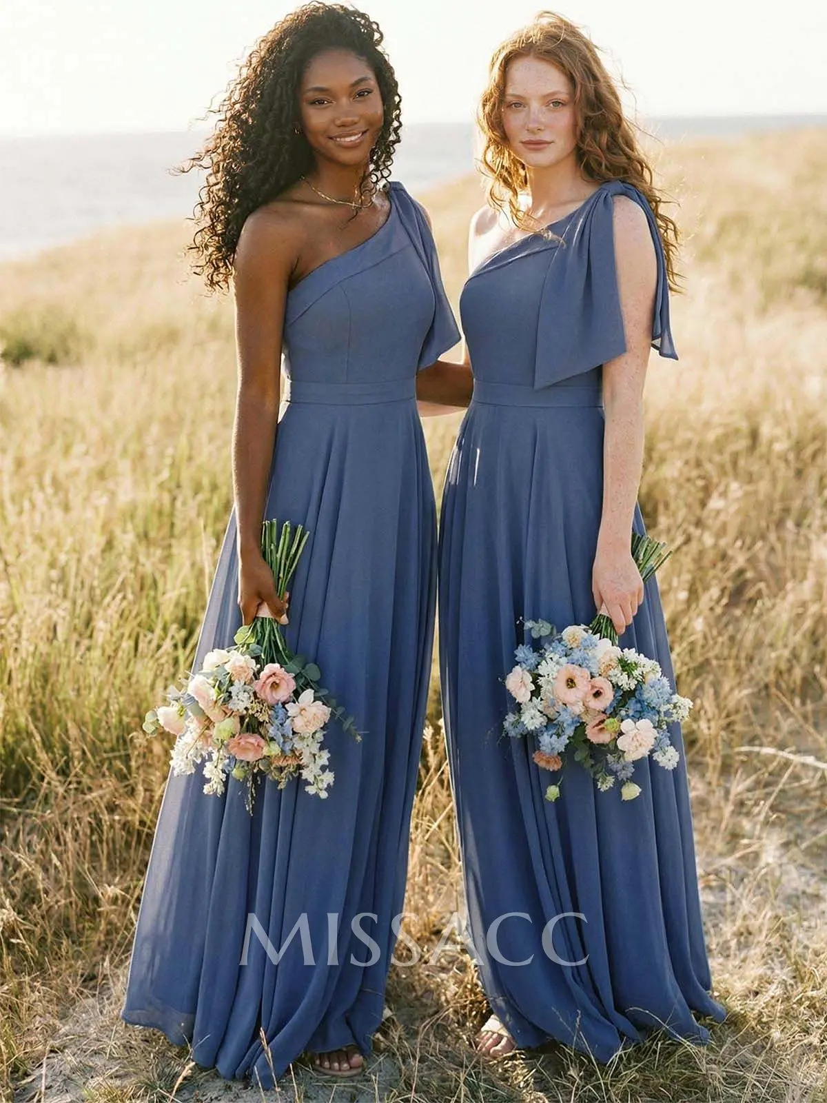blue bridesmaid dresses canada A-Line One-Shoulder Sleeveless Floor-Length Chiffon With Bow(s)/Pockets Model Measurements