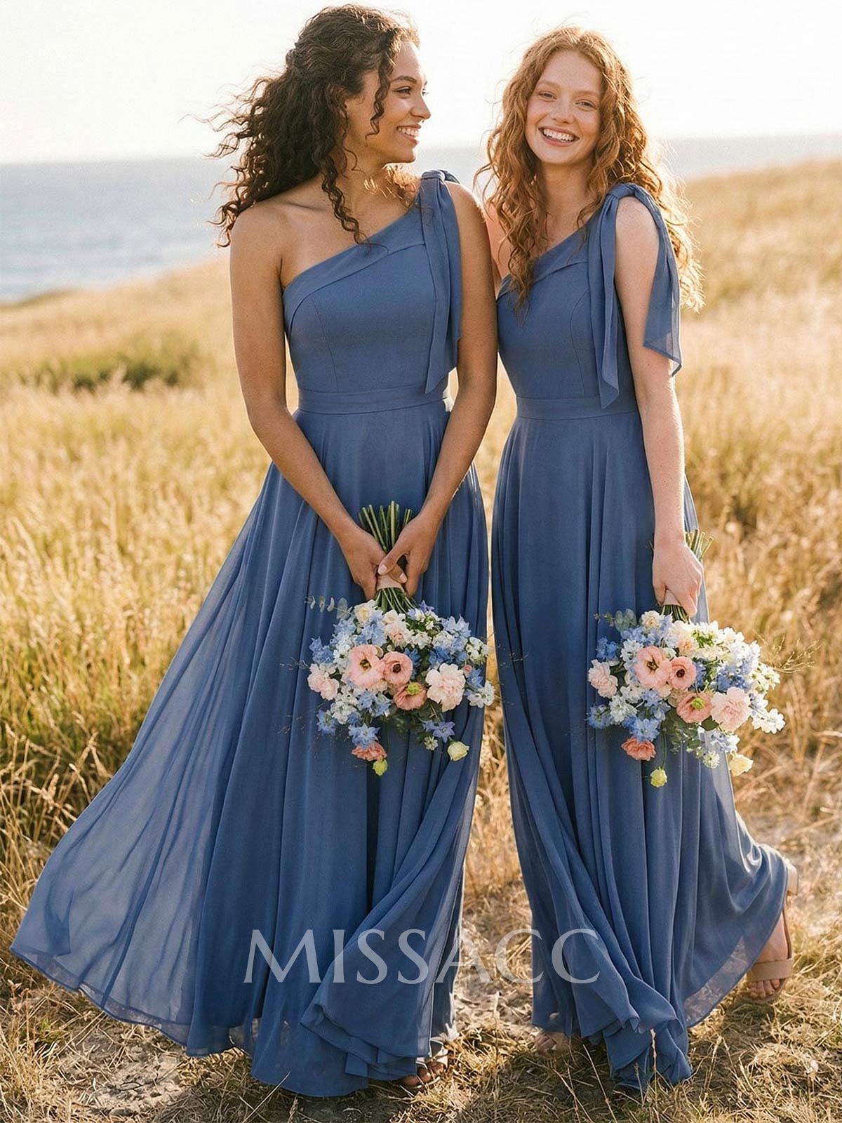 A-Line One-Shoulder Sleeveless Floor-Length Chiffon Bridesmaid Dresses With Bow(s)/Pockets