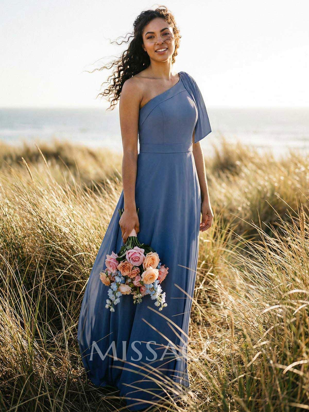 A-Line One-Shoulder Sleeveless Floor-Length Chiffon Bridesmaid Dresses With Bow(s)/Pockets