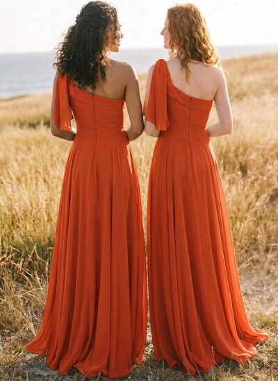 A-Line One-Shoulder Sleeveless Floor-Length Chiffon Bridesmaid Dresses With Bow(s)/Pockets