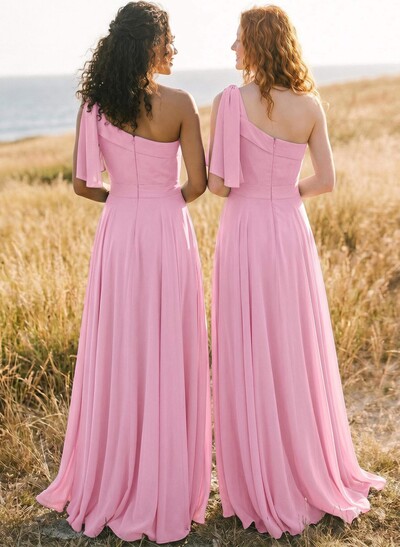 A-Line One-Shoulder Sleeveless Floor-Length Chiffon Bridesmaid Dresses With Bow(s)/Pockets