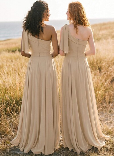 A-Line One-Shoulder Sleeveless Floor-Length Chiffon Bridesmaid Dresses With Bow(s)/Pockets