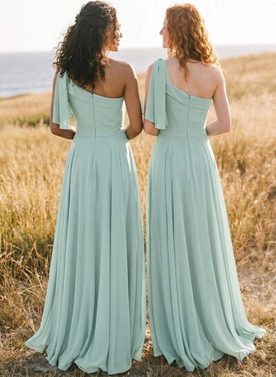 A-Line One-Shoulder Sleeveless Floor-Length Chiffon Bridesmaid Dresses With Bow(s)/Pockets