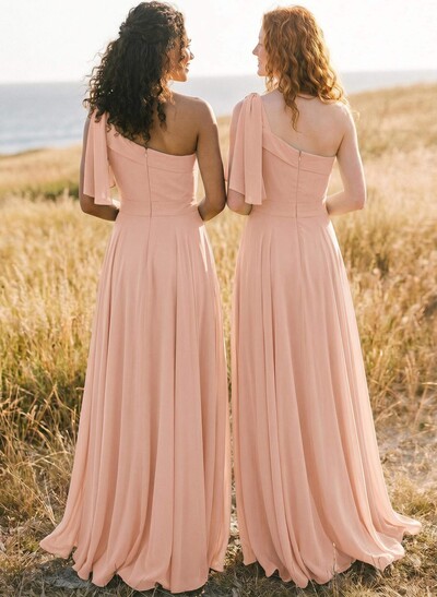 A-Line One-Shoulder Sleeveless Floor-Length Chiffon Bridesmaid Dresses With Bow(s)/Pockets