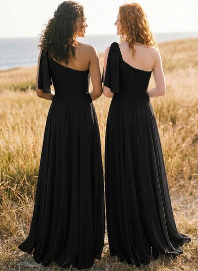 A-Line One-Shoulder Sleeveless Floor-Length Chiffon Bridesmaid Dresses With Bow(s)/Pockets