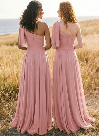 A-Line One-Shoulder Sleeveless Floor-Length Chiffon Bridesmaid Dresses With Bow(s)/Pockets