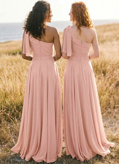 A-Line One-Shoulder Sleeveless Floor-Length Chiffon Bridesmaid Dresses With Bow(s)/Pockets