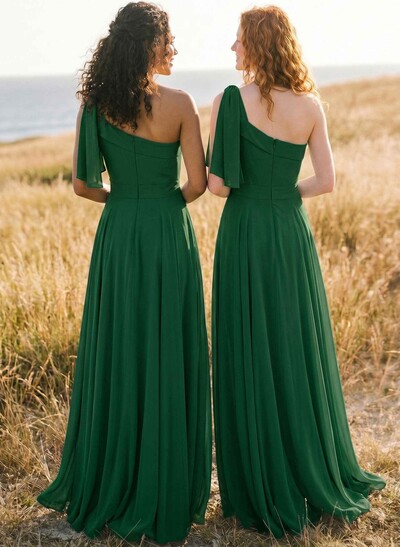 A-Line One-Shoulder Sleeveless Floor-Length Chiffon Bridesmaid Dresses With Bow(s)/Pockets