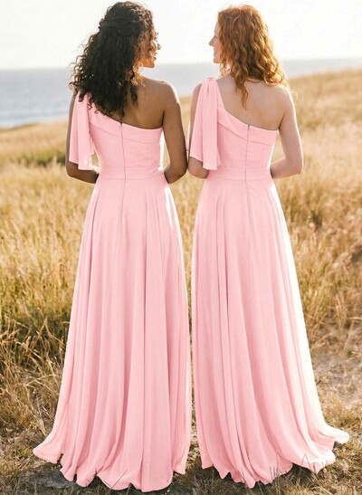 A-Line One-Shoulder Sleeveless Floor-Length Chiffon Bridesmaid Dresses With Bow(s)/Pockets