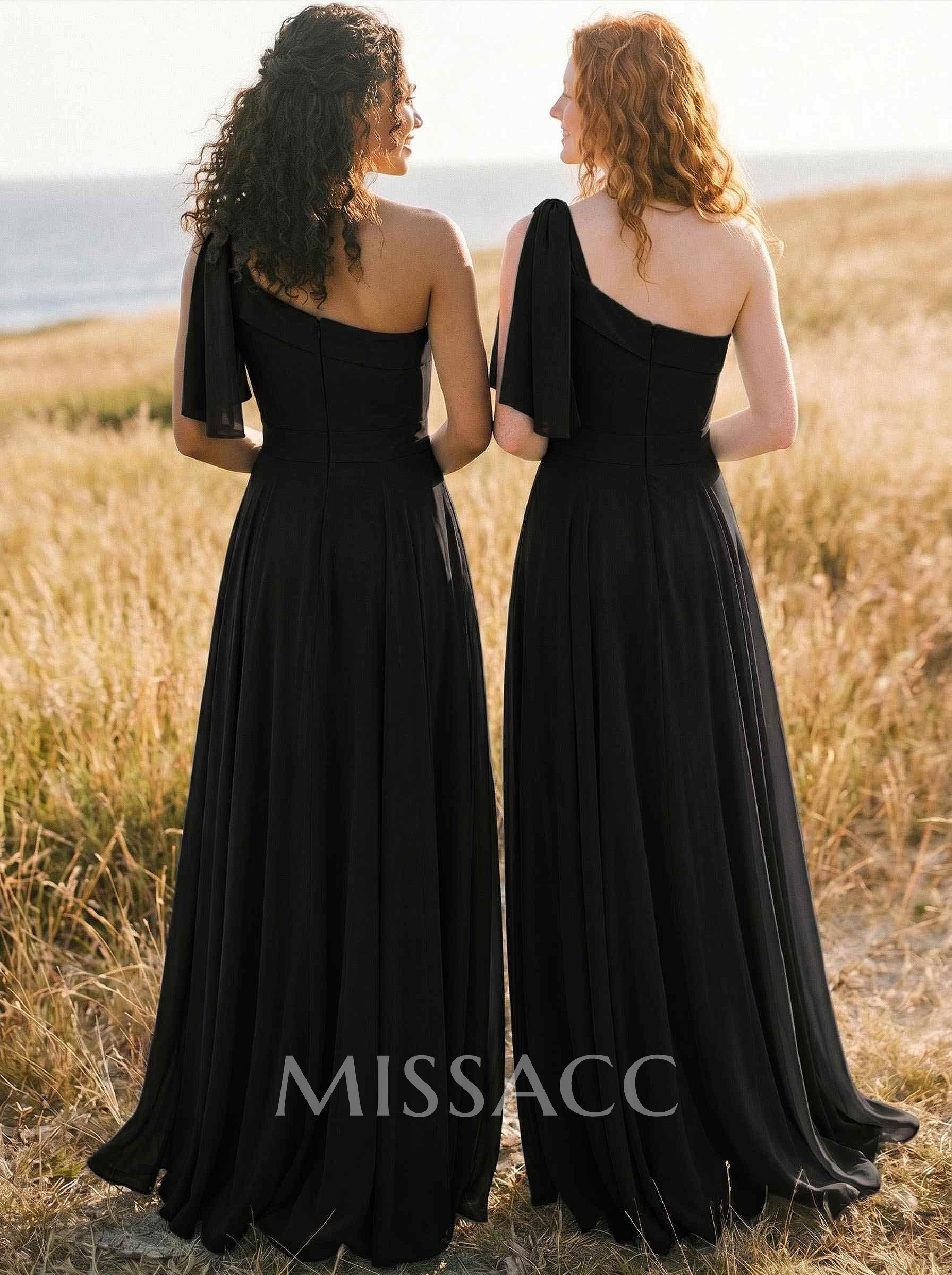 A-Line One-Shoulder Sleeveless Floor-Length Chiffon Bridesmaid Dresses With Bow(s)/Pockets