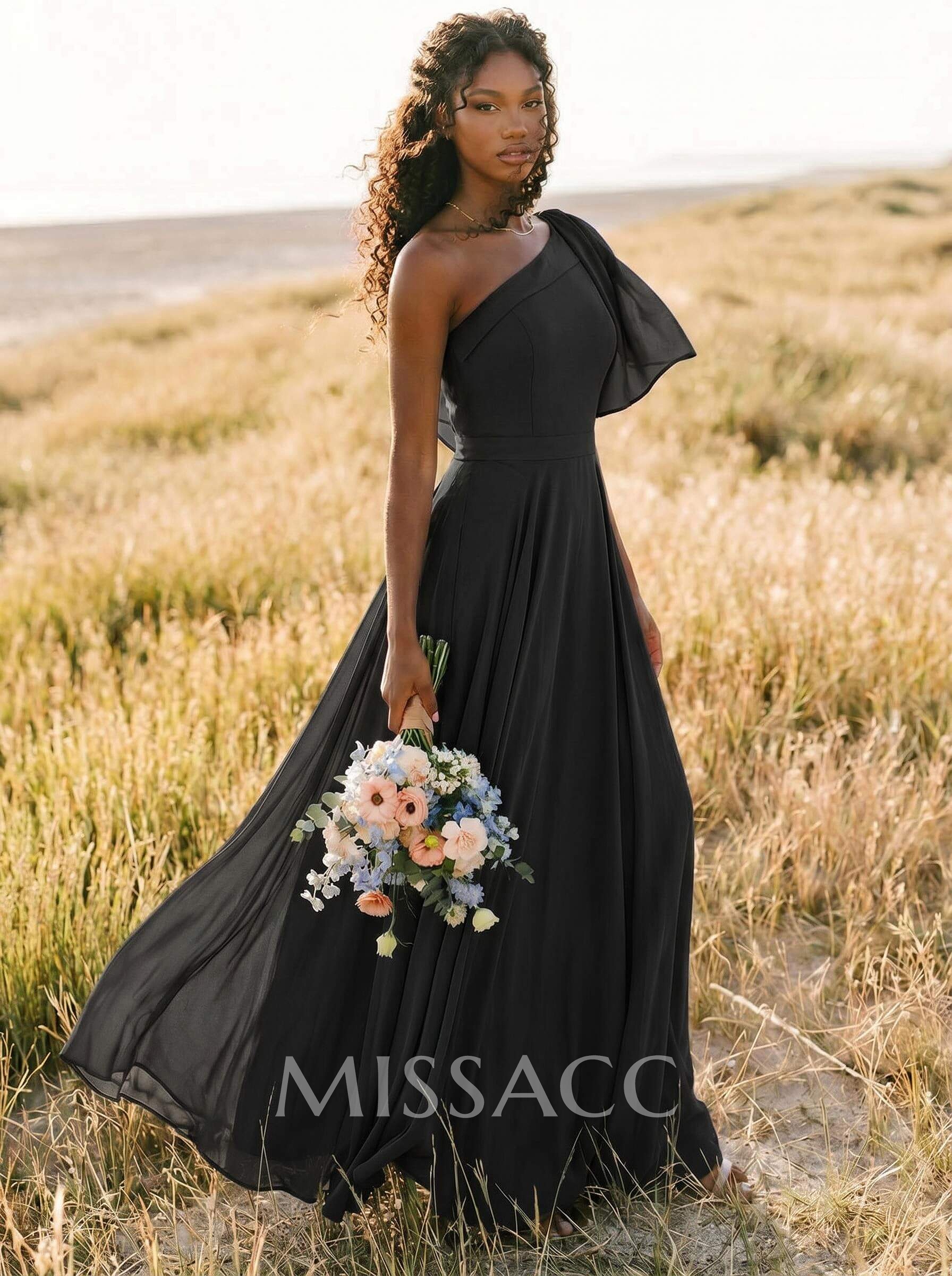 A-Line One-Shoulder Sleeveless Floor-Length Chiffon Bridesmaid Dresses With Bow(s)/Pockets