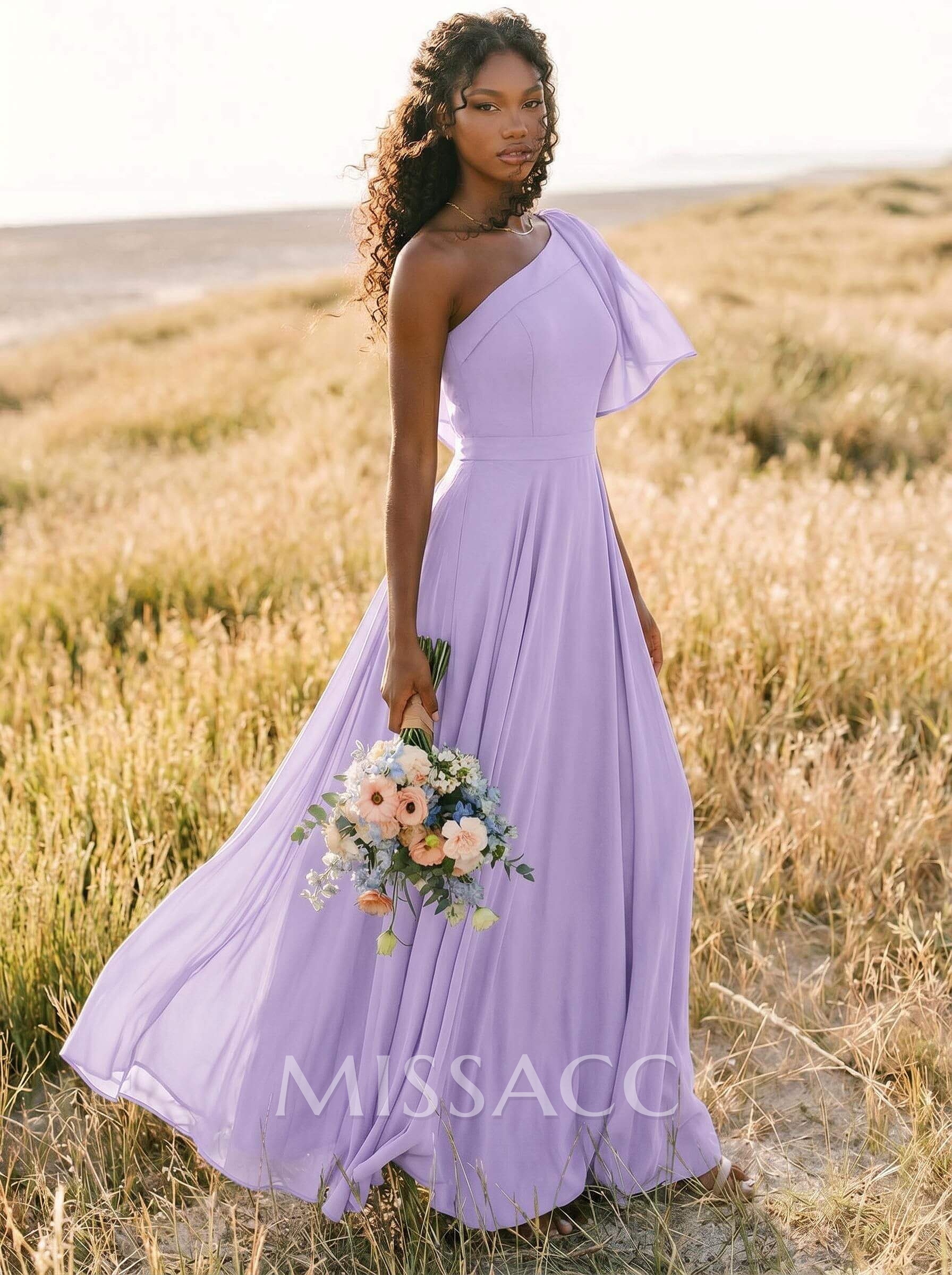 A-Line One-Shoulder Sleeveless Floor-Length Chiffon Bridesmaid Dresses With Bow(s)/Pockets A-Line One-Shoulder Sleeveless Floor-Length Chiffon Bridesmaid Dresses With Bow(s)/Pockets