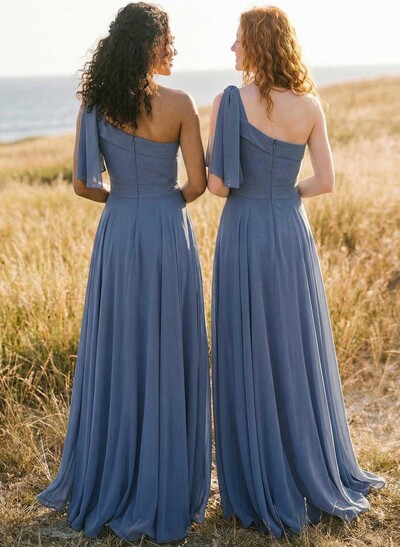 A-Line One-Shoulder Sleeveless Floor-Length Chiffon Bridesmaid Dresses With Bow(s)/Pockets