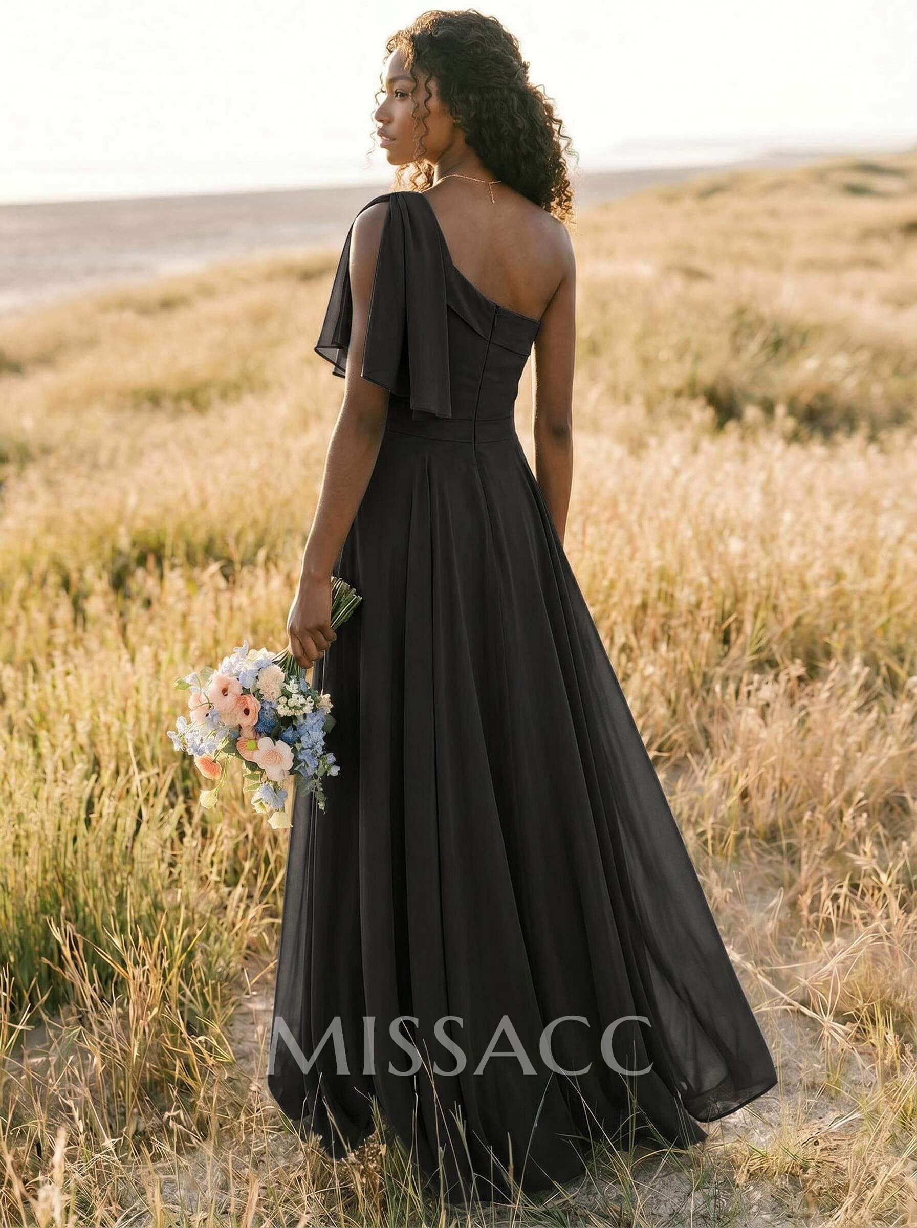 A-Line One-Shoulder Sleeveless Floor-Length Chiffon Bridesmaid Dresses With Bow(s)/Pockets