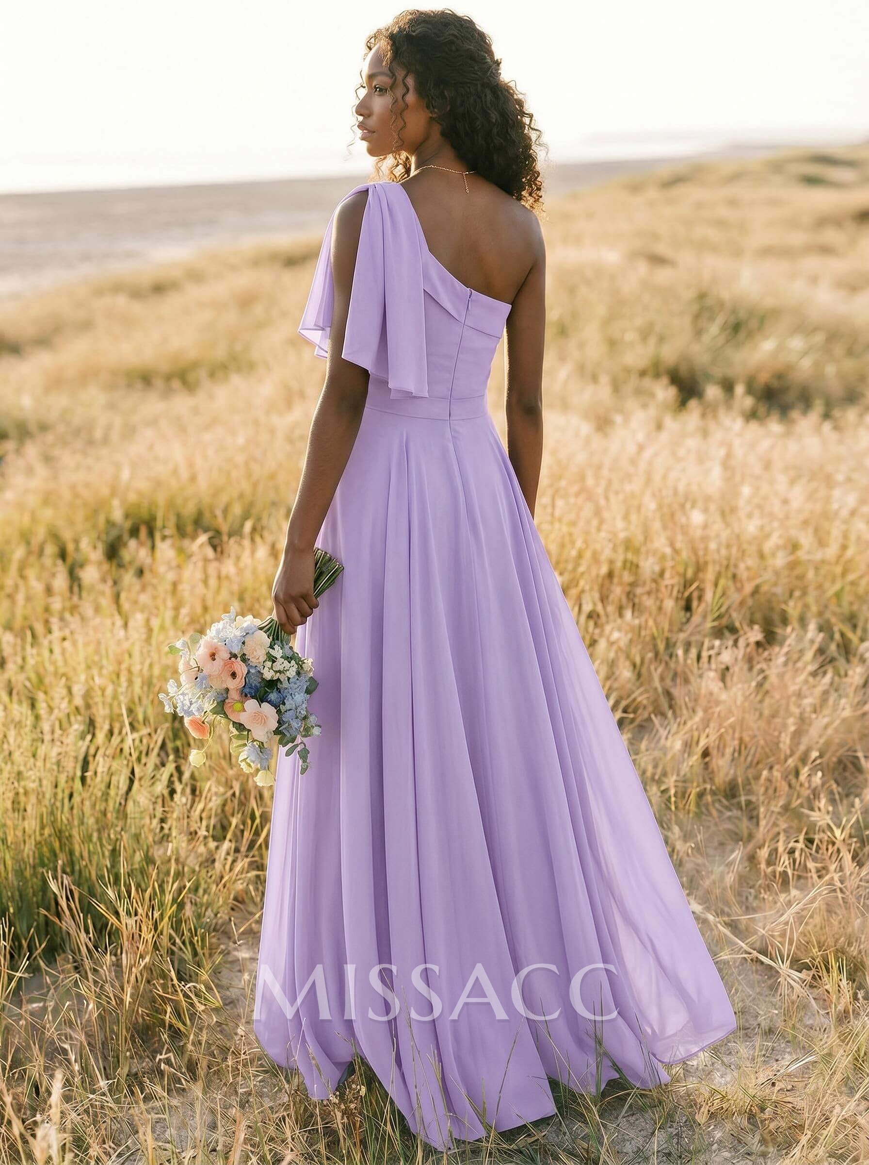 A-Line One-Shoulder Sleeveless Floor-Length Chiffon Bridesmaid Dresses With Bow(s)/Pockets A-Line One-Shoulder Sleeveless Floor-Length Chiffon Bridesmaid Dresses With Bow(s)/Pockets