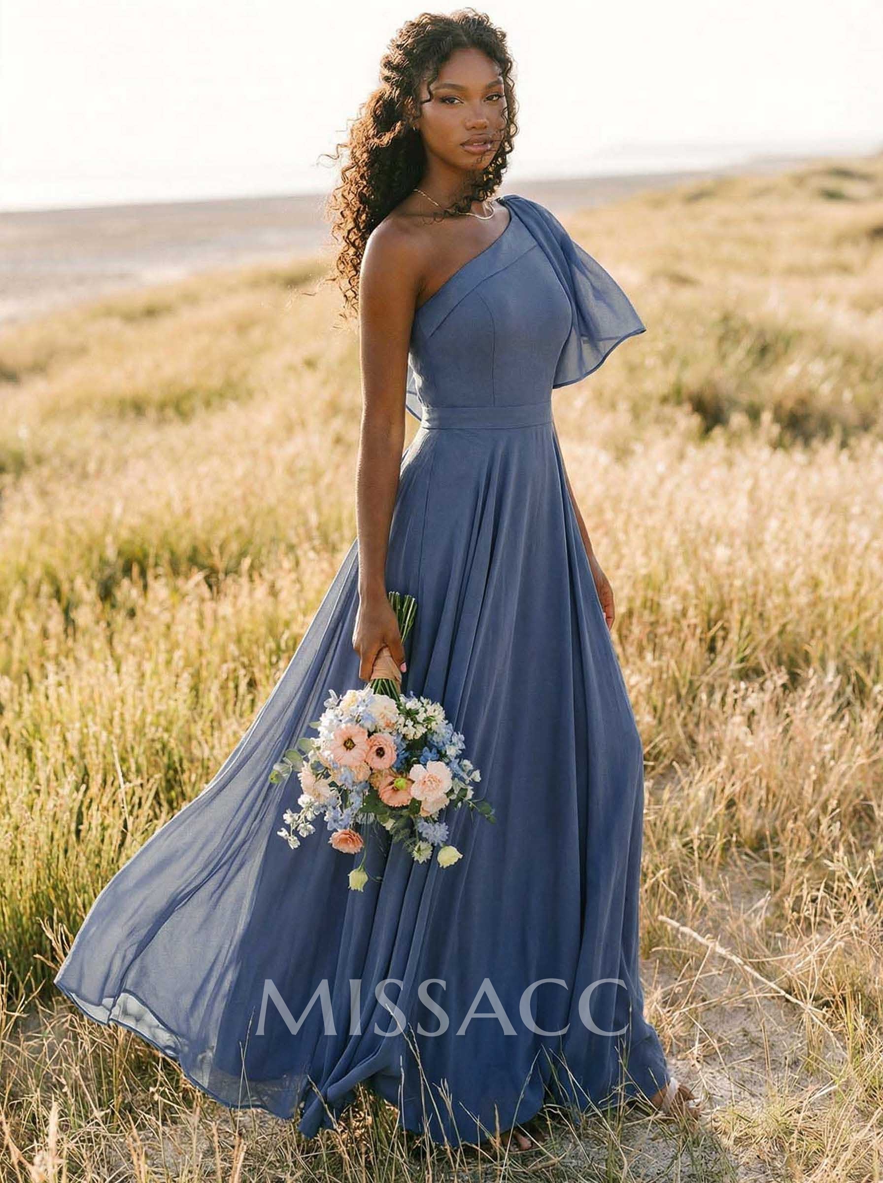 A-Line One-Shoulder Sleeveless Floor-Length Chiffon Bridesmaid Dresses With Bow(s)/Pockets