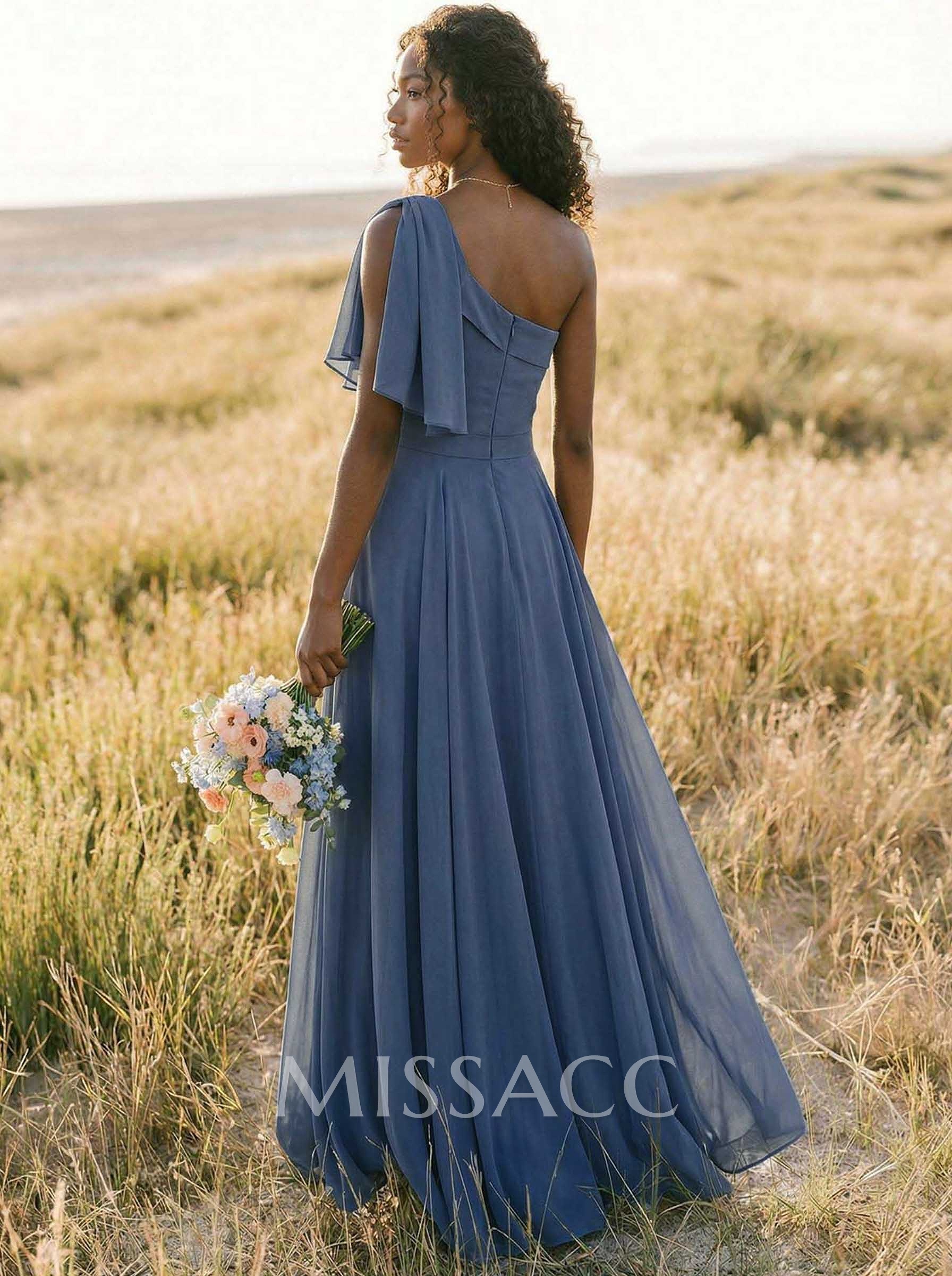 A-Line One-Shoulder Sleeveless Floor-Length Chiffon Bridesmaid Dresses With Bow(s)/Pockets
