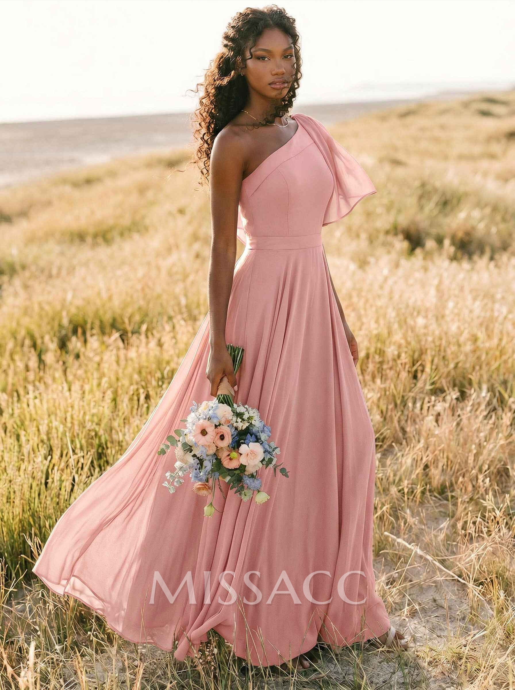 A-Line One-Shoulder Sleeveless Floor-Length Chiffon Bridesmaid Dresses With Bow(s)/Pockets